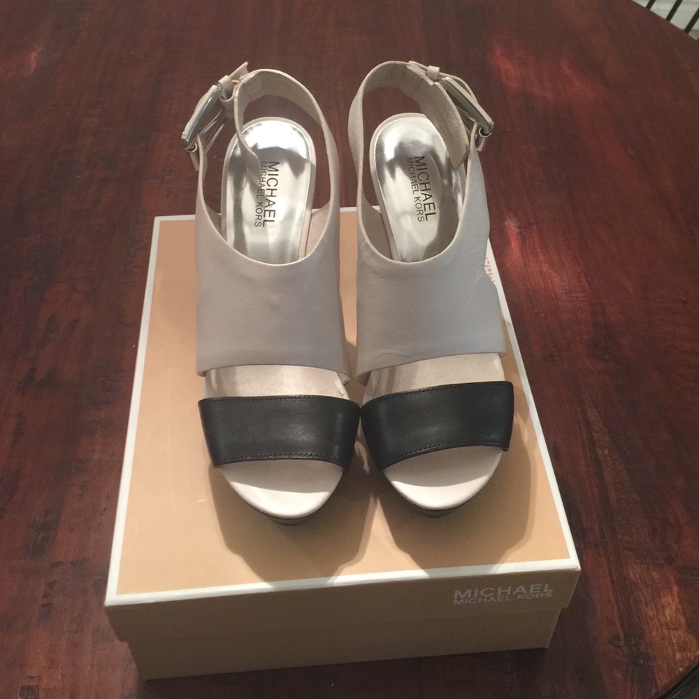 White an black leather stacked heel sandals