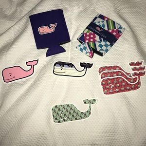 Assortment of Vineyard Vines Stickers and koozies