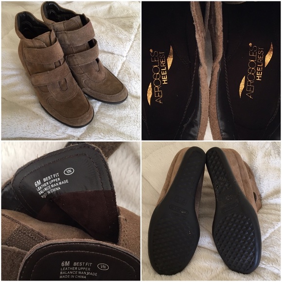🤑Sale🤑Brown Suede Aerosole Wedge Booties with Velcro Straps - Picture 2 of 8