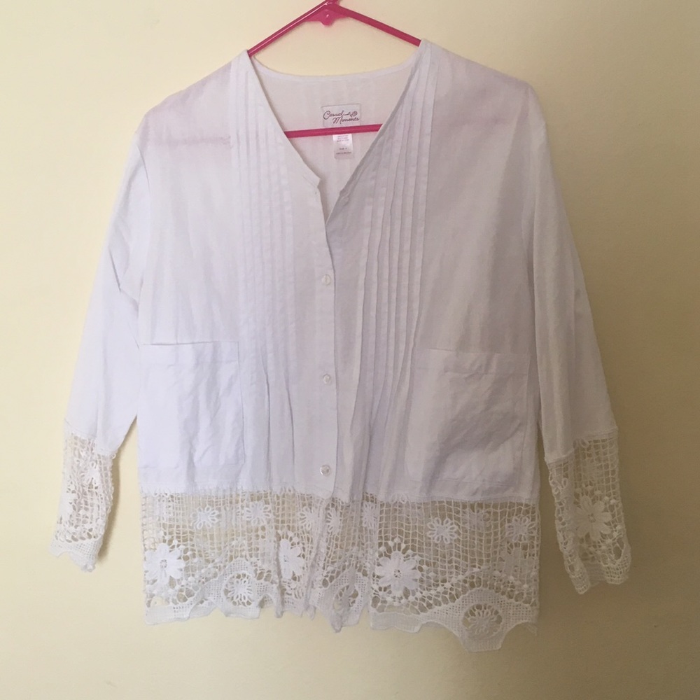 Casual moments small white crochet trim blouse