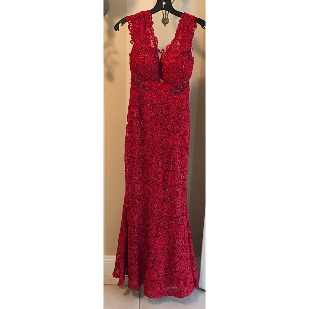 Red lace prom dress