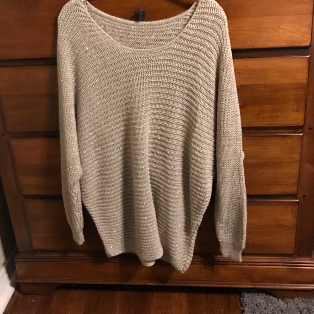 Tan sparkly over the shoulder sweater