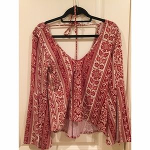 Red Flower Flared Sleeve Top