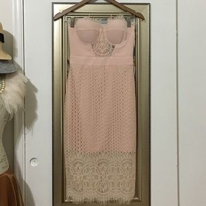 Blush pink bebe lace strapless midi dress