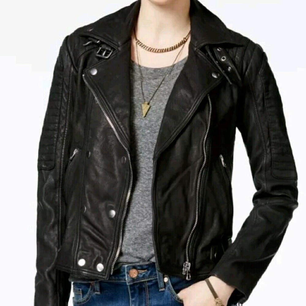 LUCKY BRAND MOTO LEATHER JACKET w/ buckle detail