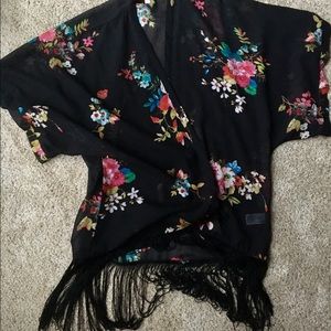 Kimono Floral Sheer black Swim Cover Up w/Fringe
