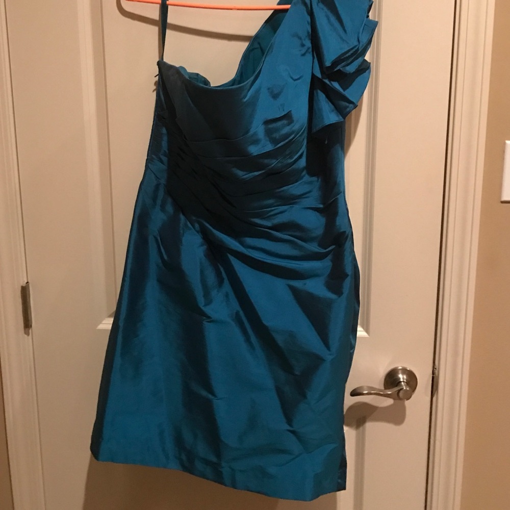 One shoulder taffeta Bridesmaids dress.