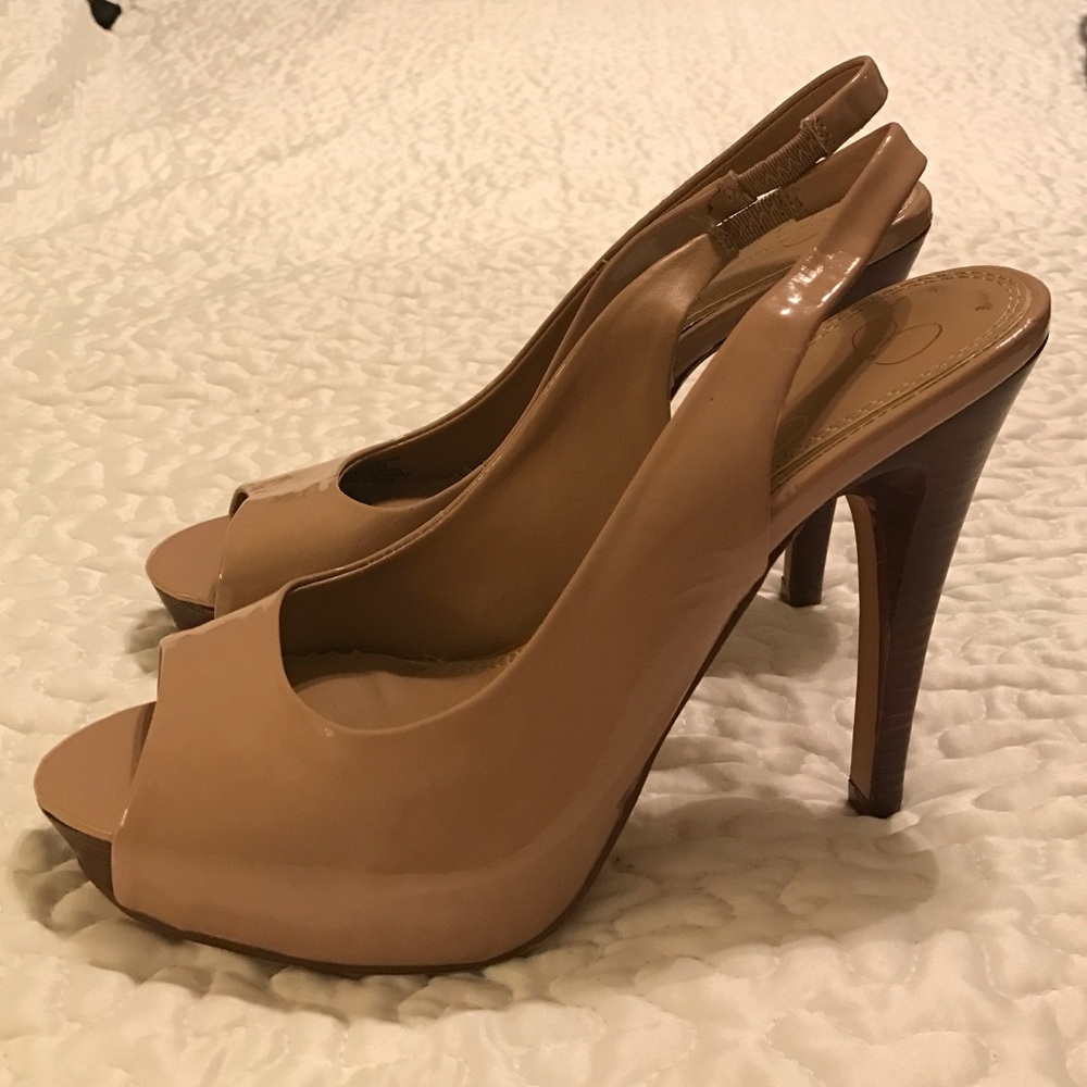 Jessica Simpson Peep Toe Heels-Tan Patent