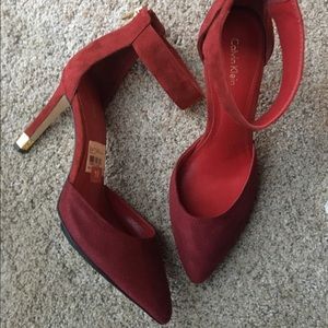 Red Suede Calvin Klein Heel w/Gold Heel detail.NWT
