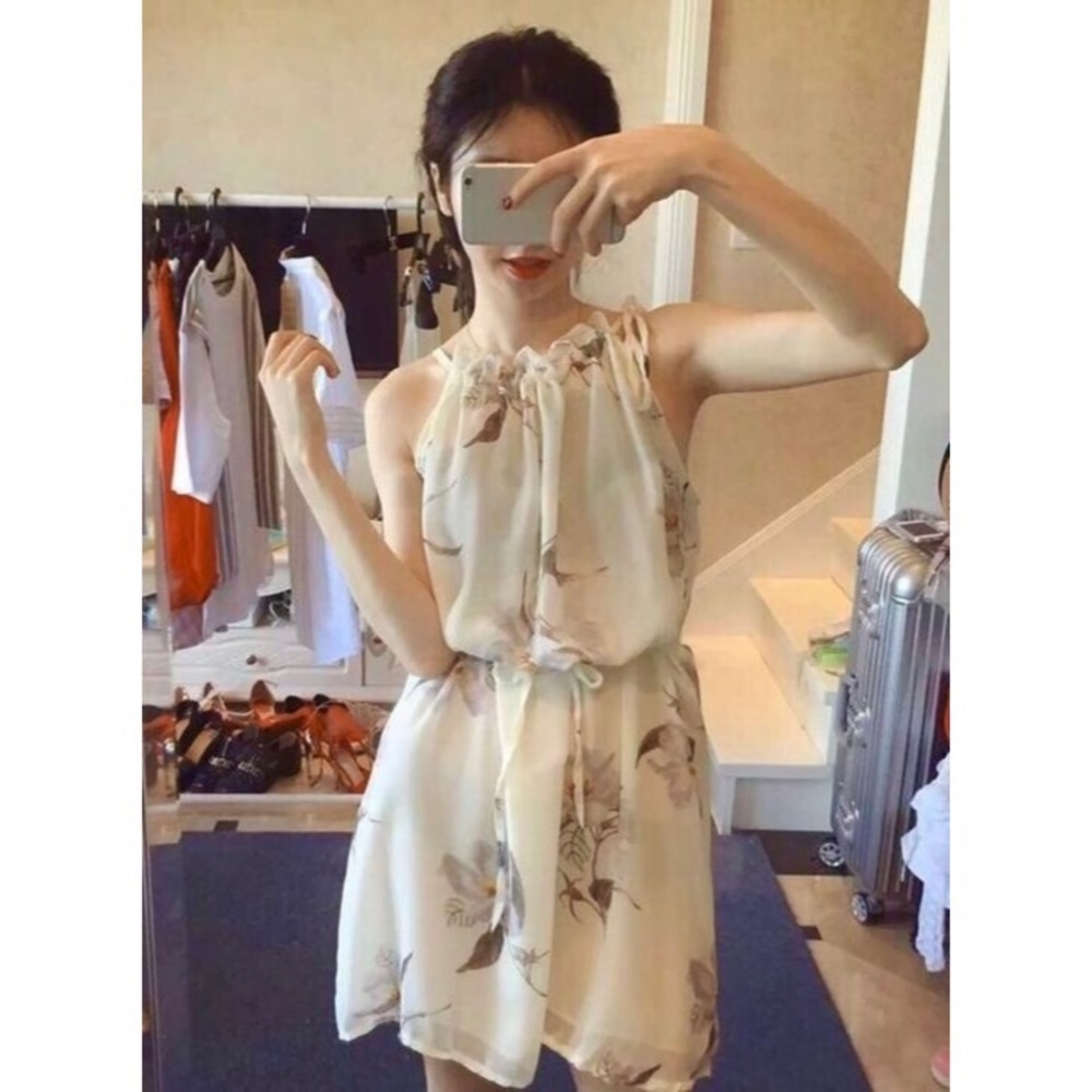 Dirty White Floral Print Halter Dress