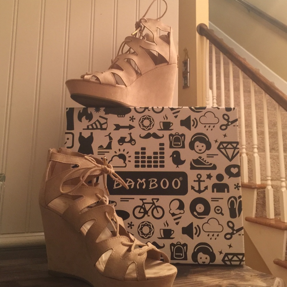 Bamboo brand tan lace up wedges