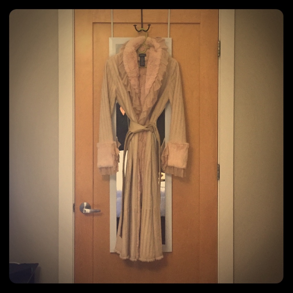bebe long leather & rabbit fur jacket (medium)