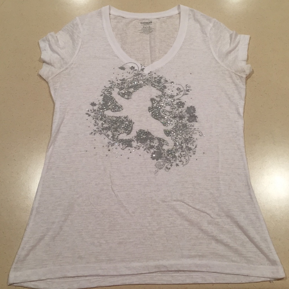 Express White Cap Sleeves Shirt lion design- LARGE
