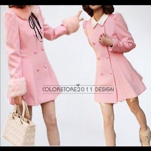 Pink wool,pea coat with fur trim that is removable