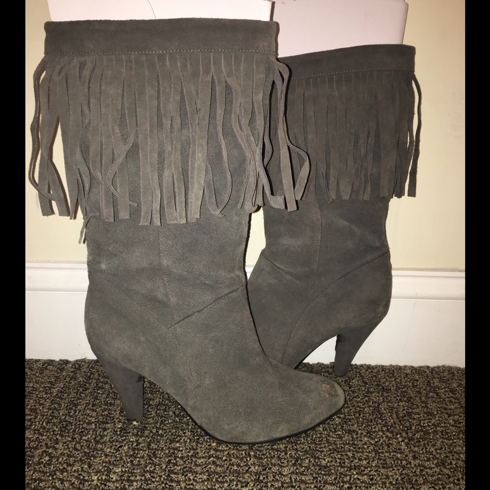 Designer Gray Suede Fringe Heeled Boots 10 -worn