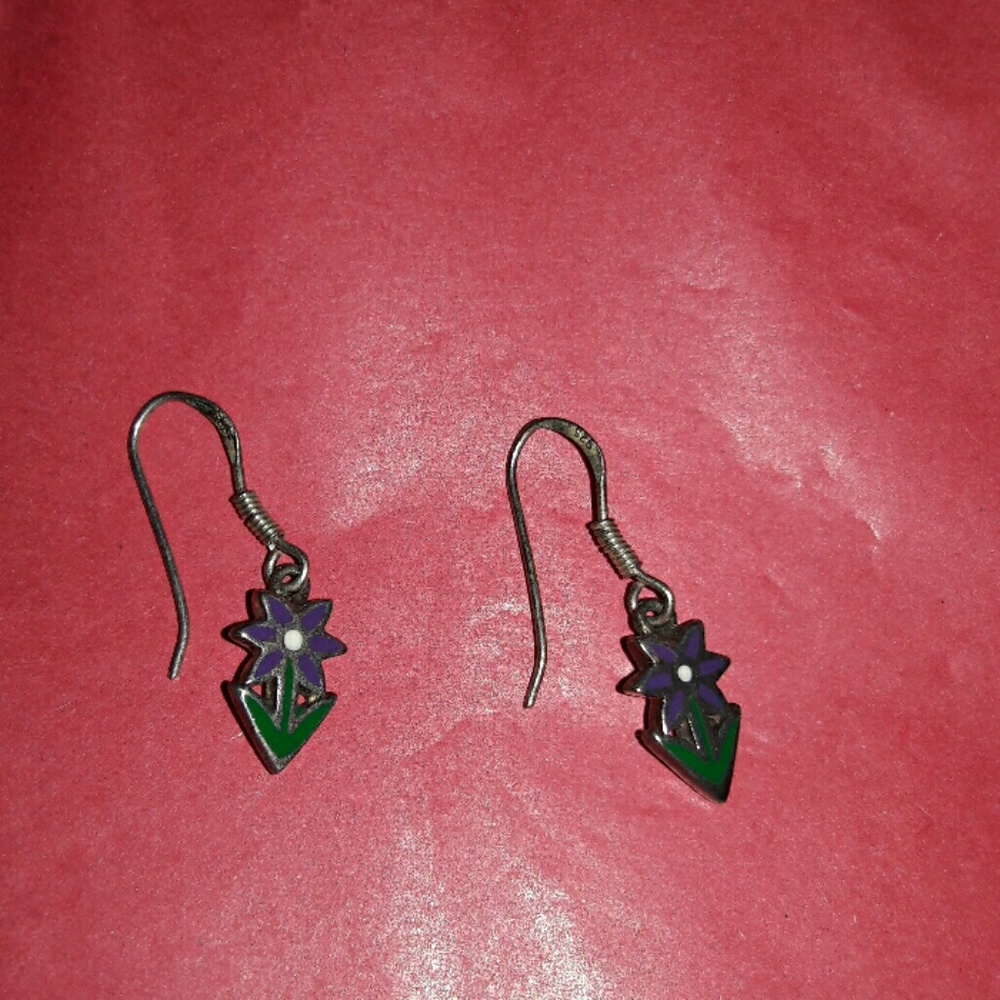 Earrings sterling silver purple flower enamel 925