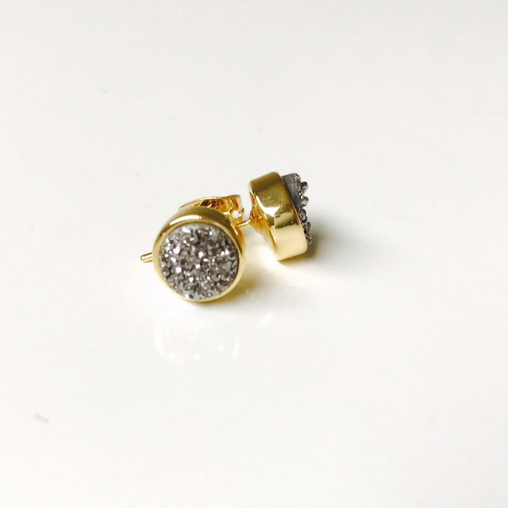 Grey Druzy Crystal Gold Stud Earrings, 24K Gold