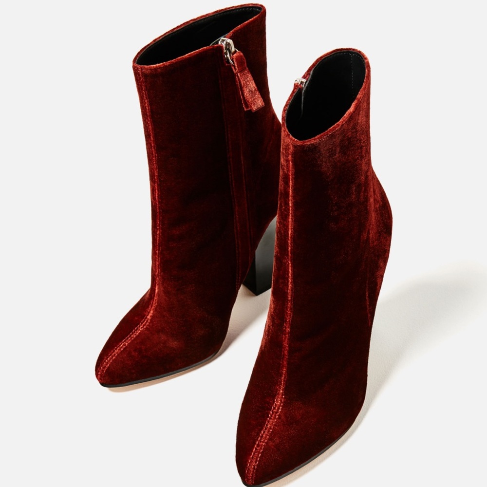 NEW ZARA ANKLE BOOTS CHIC RED VELVET HIGH HEEL