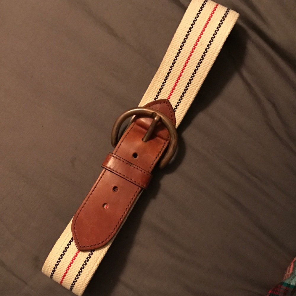 Creamy belt with red and blue strips with brown