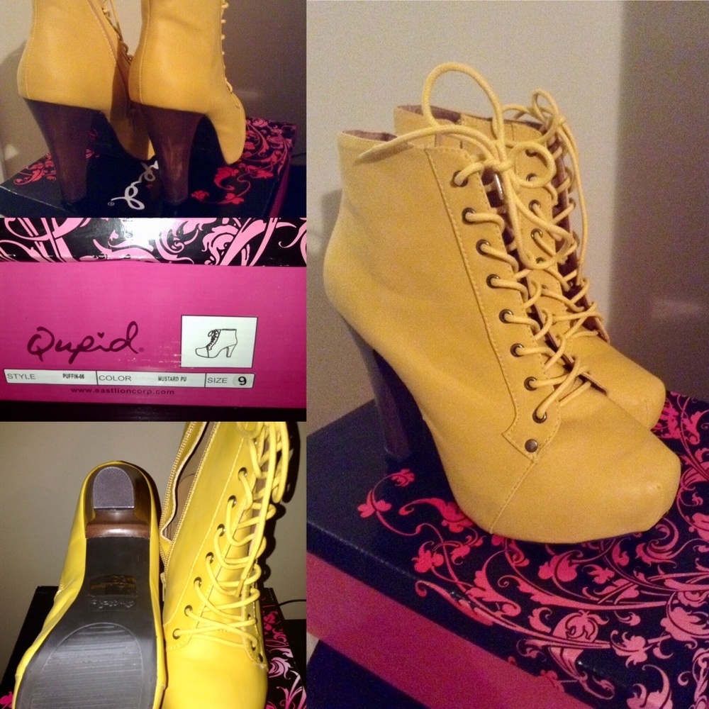 Qupid Bootie Puffin-06 in a Mustard color.