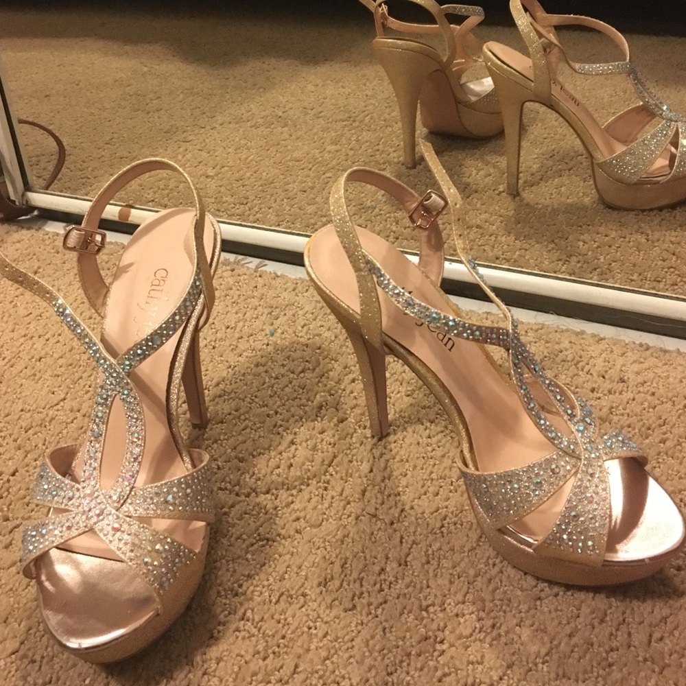 Cathy Jean champagne heels with silver studs.