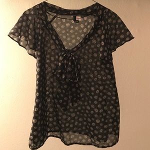 Sheer Flower Pattern Blouse with Bow