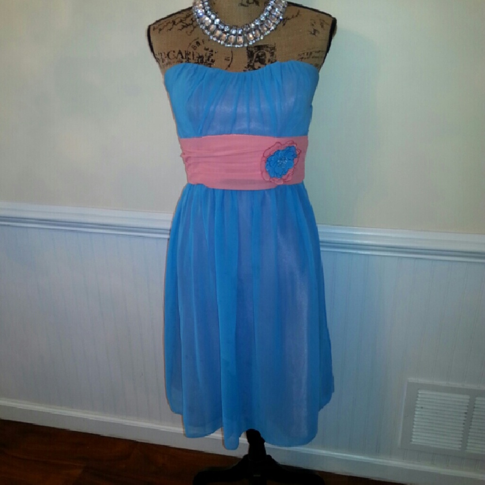 Teal and peach strapless formal dress