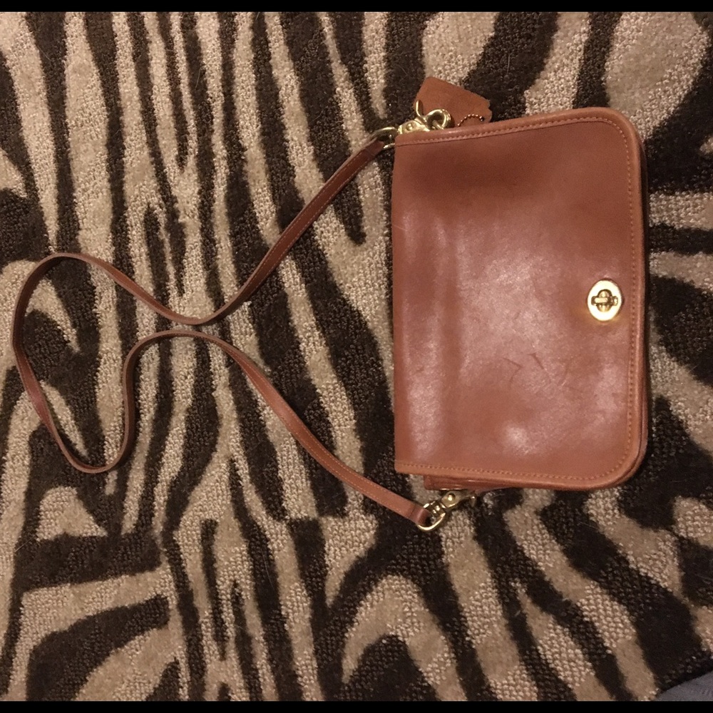 Tan leather Coach cross body fold over purse