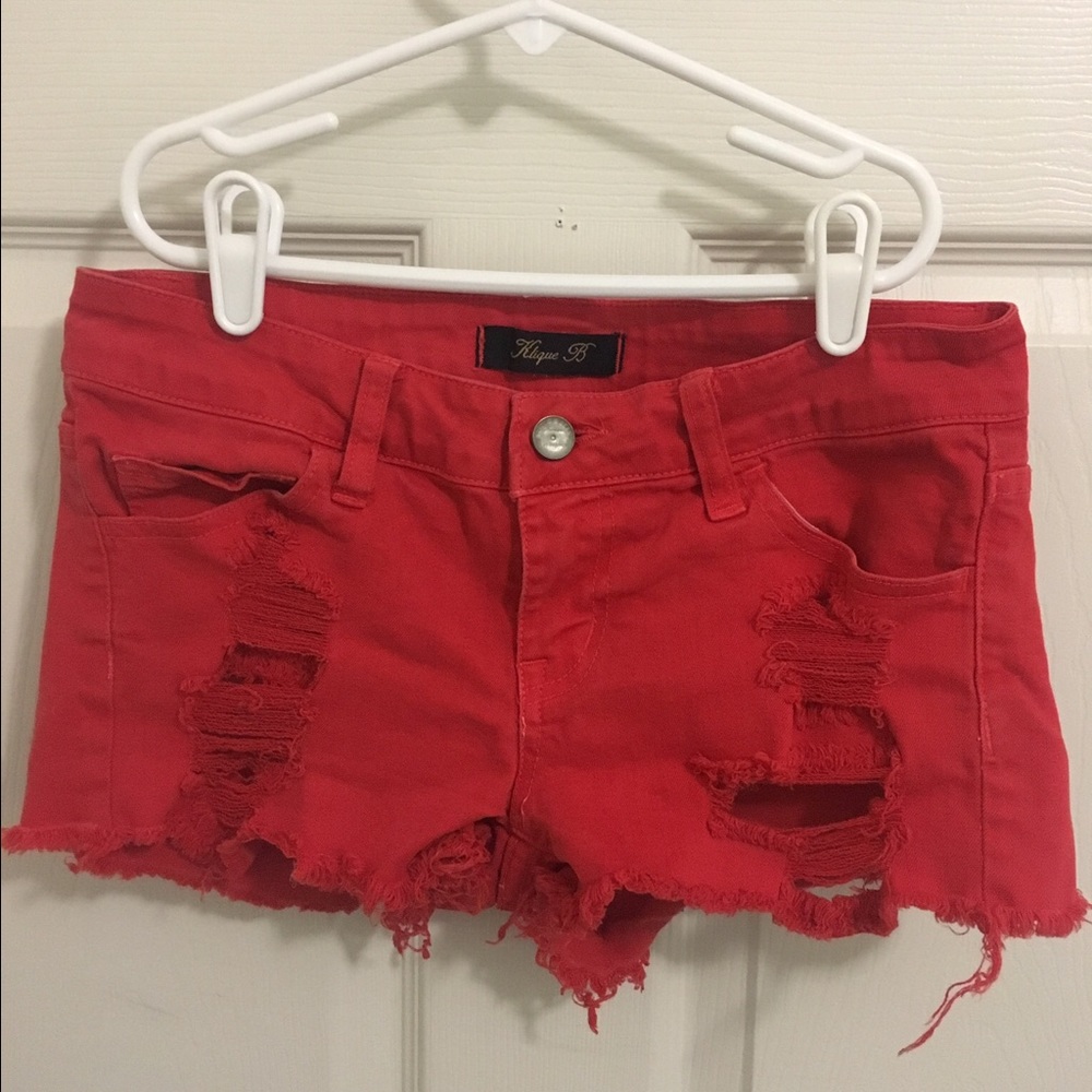 Klique B Red Distressed Low Rise Jean Shorts