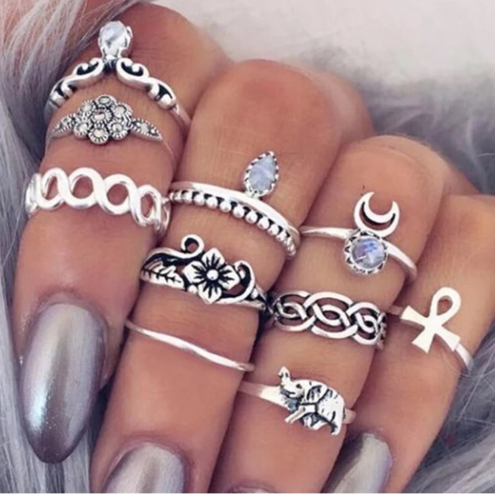 Set of 10 Vintage Gold or Silver Finger Midi Rings