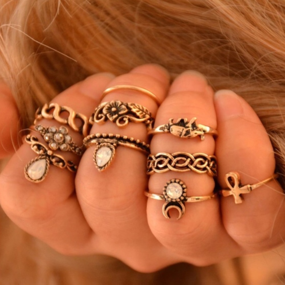 Set of 10 Vintage Gold or Silver Finger Midi Rings - Picture 4 of 8