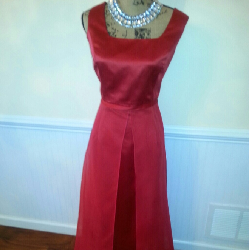 Red satin gown with chiffon overlay