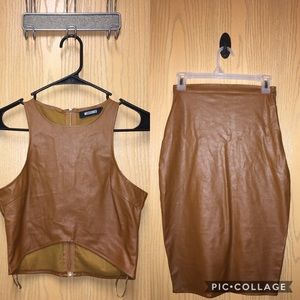 Brown leather cropped top and matching skirt