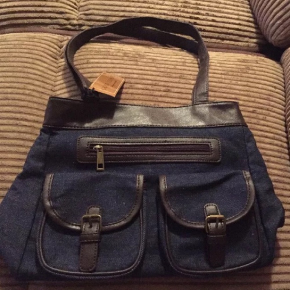 NWT Shoulder Bag Denim Trimmed Faux Brown Leather