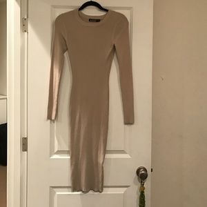 Nude ribbed body con midi dress