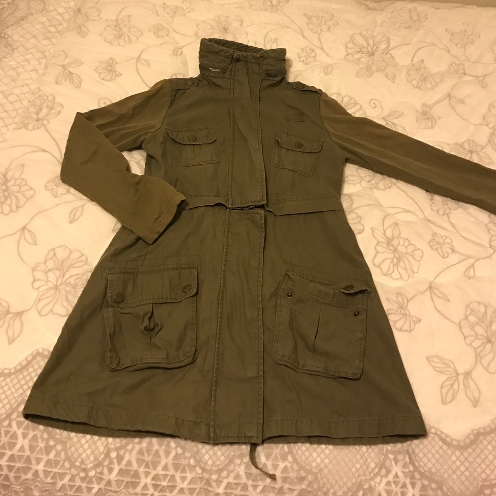 Olive green parka.