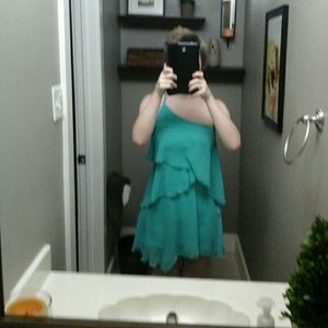 Layered teal dress with shoulder chain detail