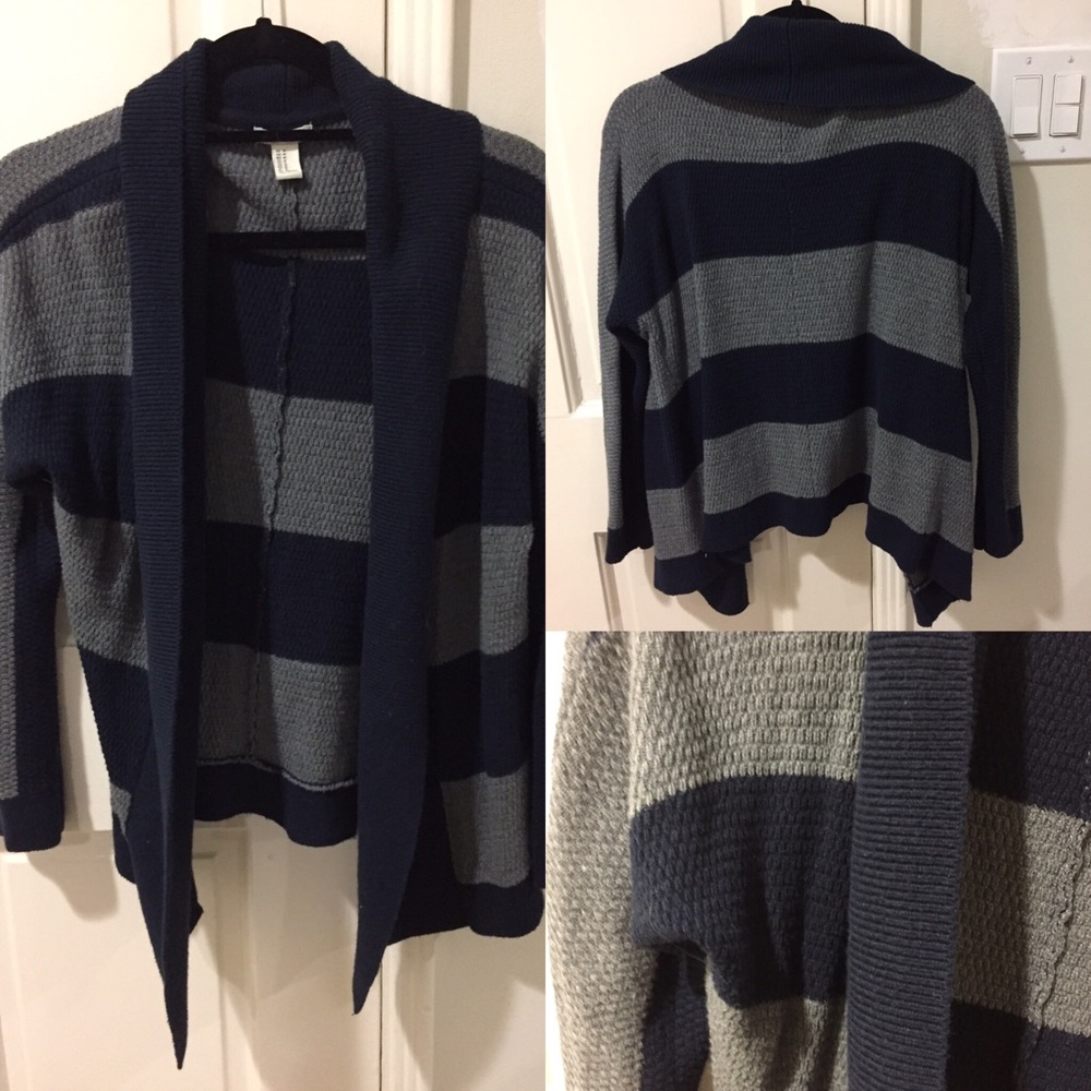 Gray and navy blue striped cardigan sweater