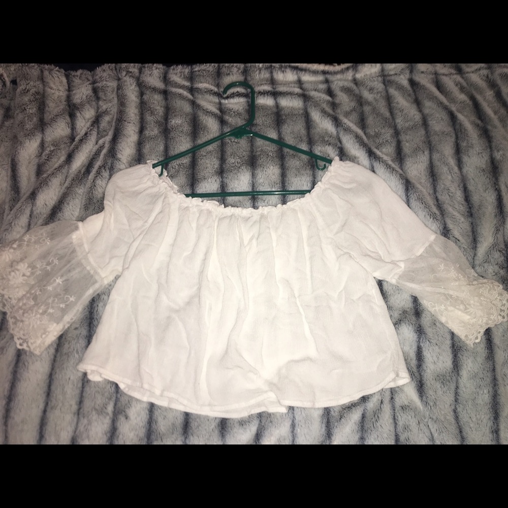 White off shoulder crop top with lace trim!!