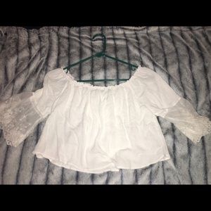 White off shoulder crop top with lace trim!!