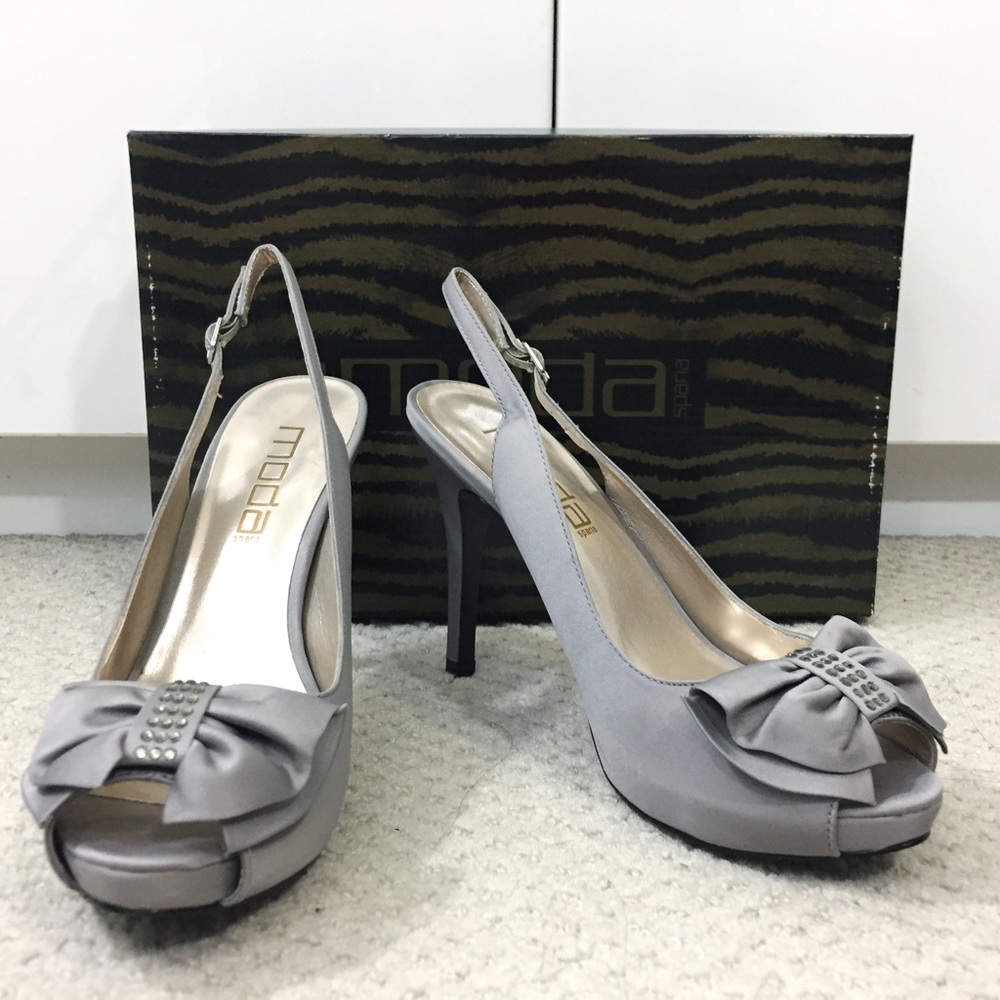 Moda Pewter Satin Peeptoe Slingback Platform Heels