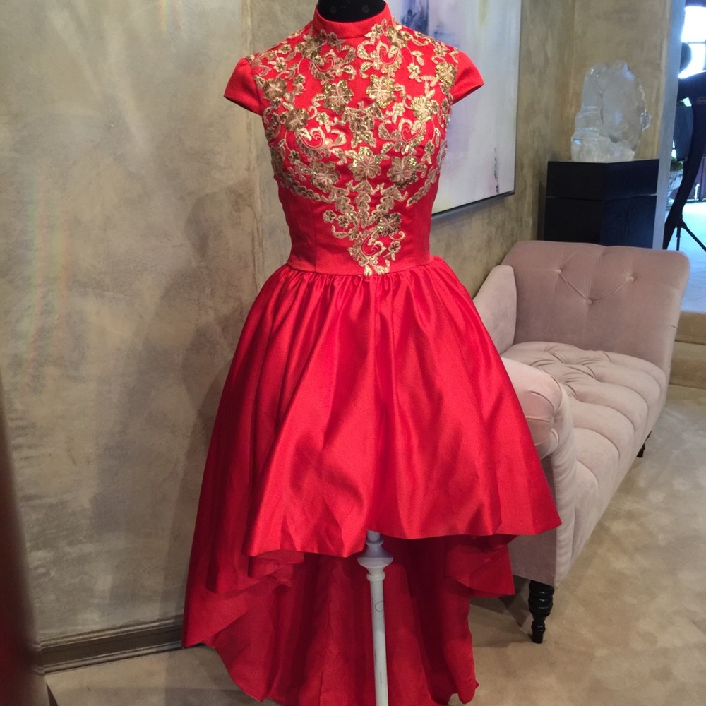 New Red and Gold Chinese Embellished Hi Lo Gown