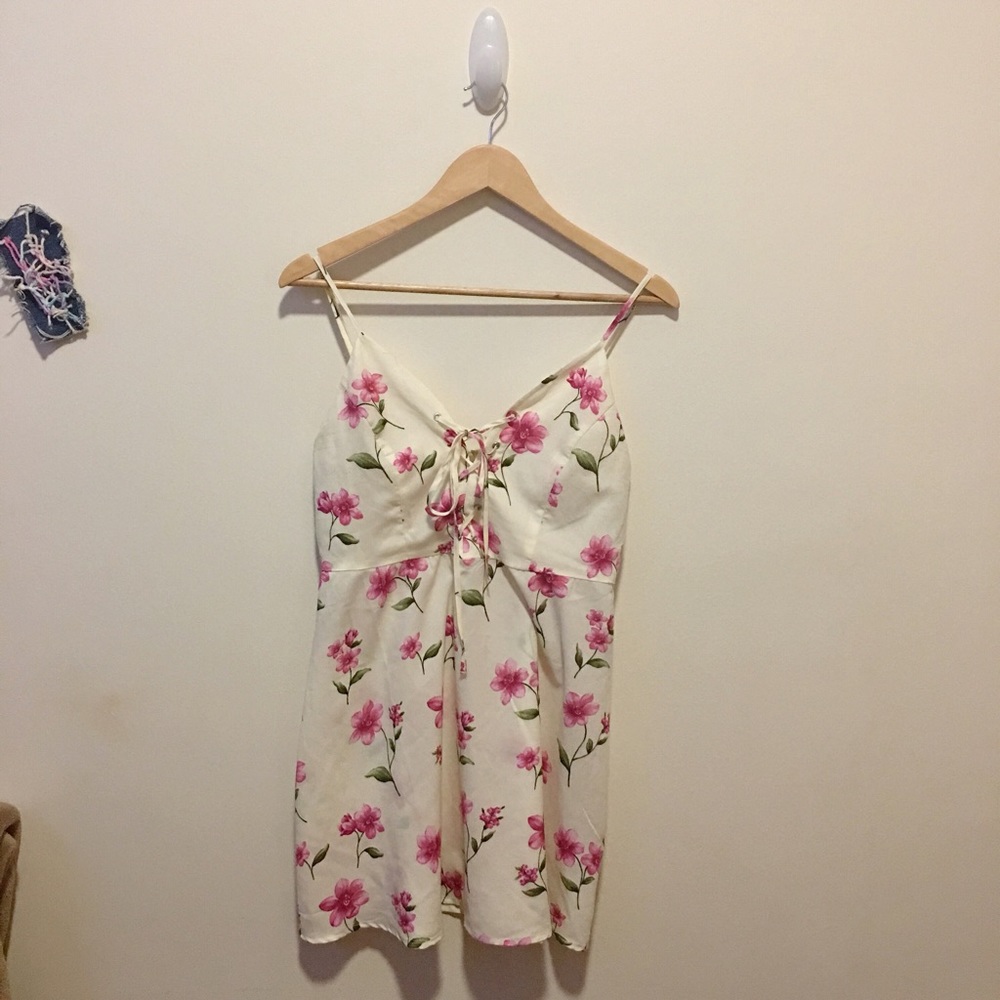 cute floral print cream tie up spring dress 