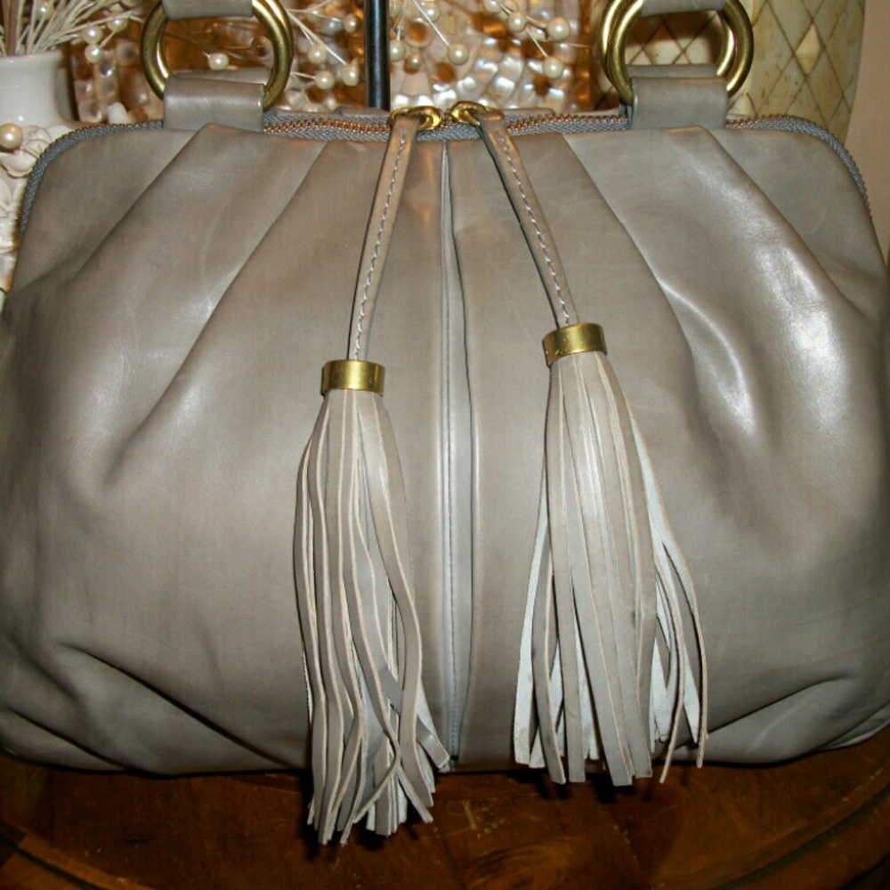 J Crew Fringe Tassel  Gray Leather Shoulder Bag