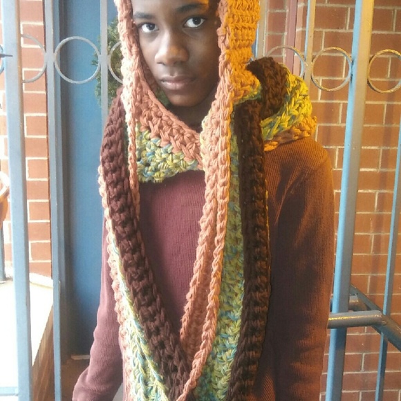 Crochet Earth Toned Infinty Scarf with Hood/Pocket - Picture 2 of 4