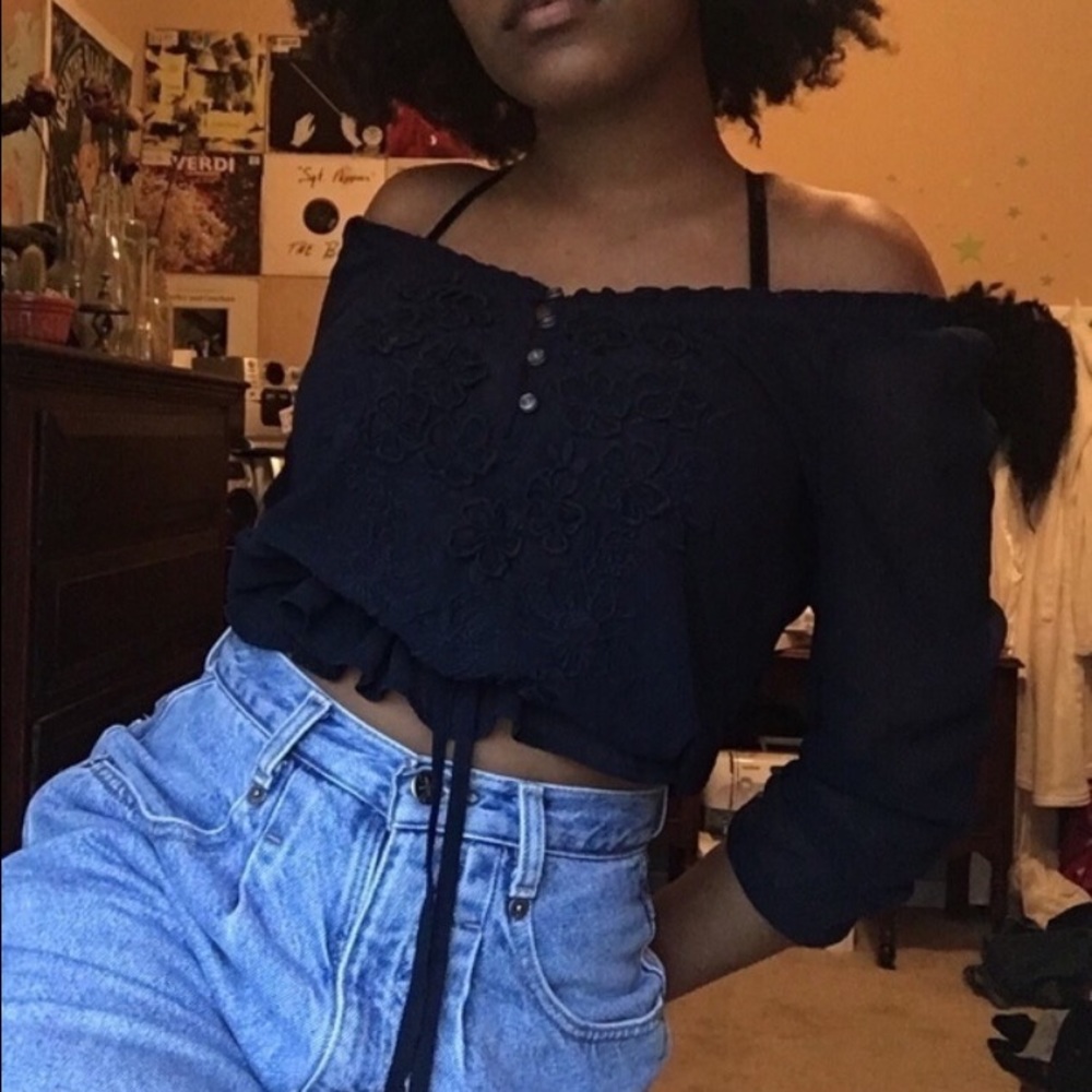 American Eagle Sheer Dark Blue Peasant Blouse