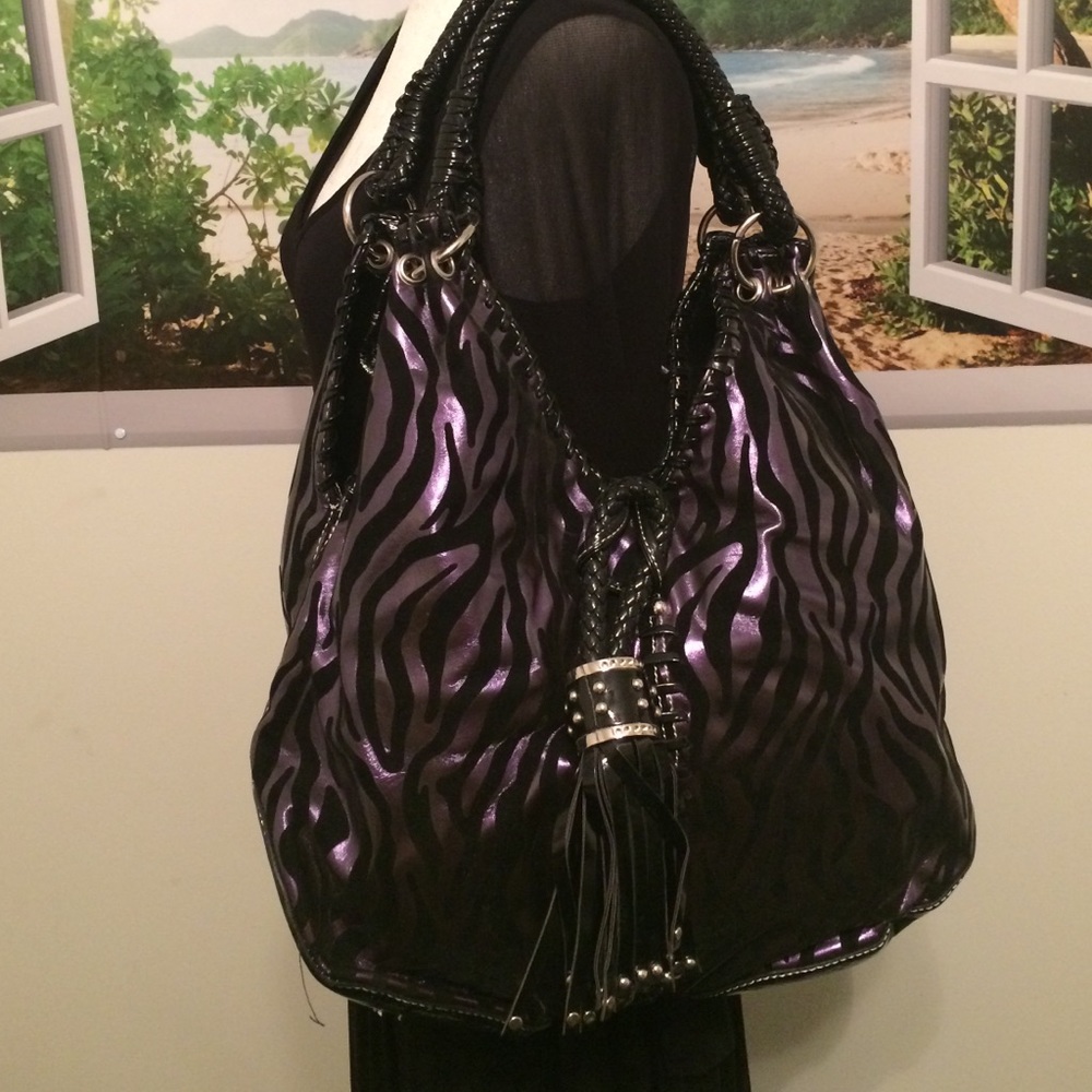 Purse, handbag, purple and black zebra print