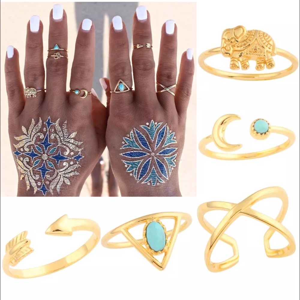 Boho Turquoise  Knuckle Midi Rings 7pcs - Picture 2 of 4