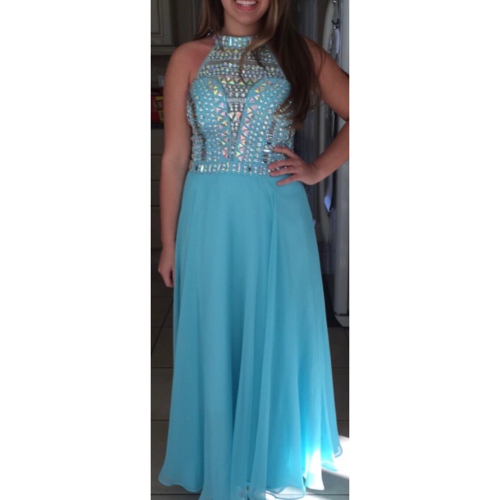 Blue high-neck sequined prom dress