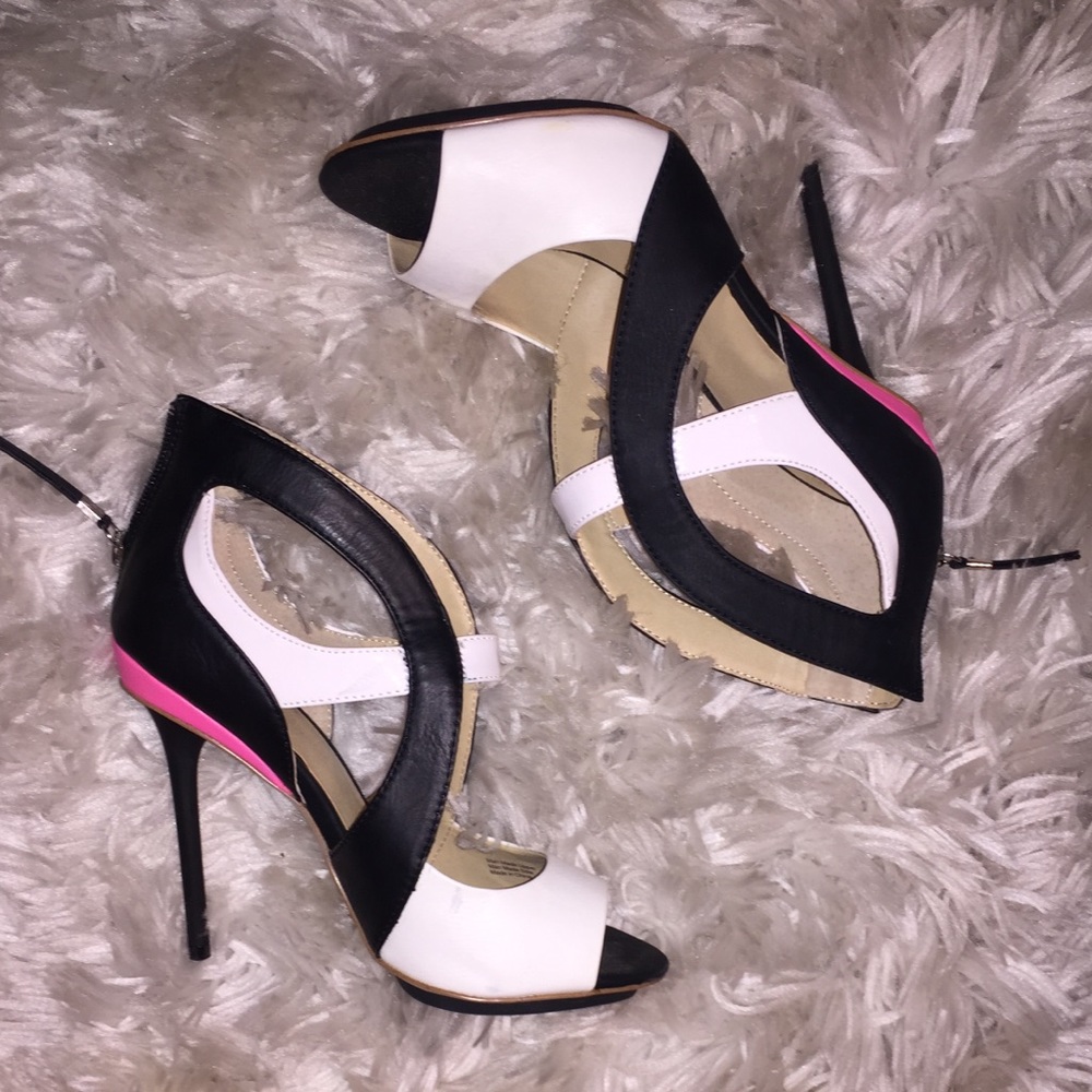 Black, white, and pink heels